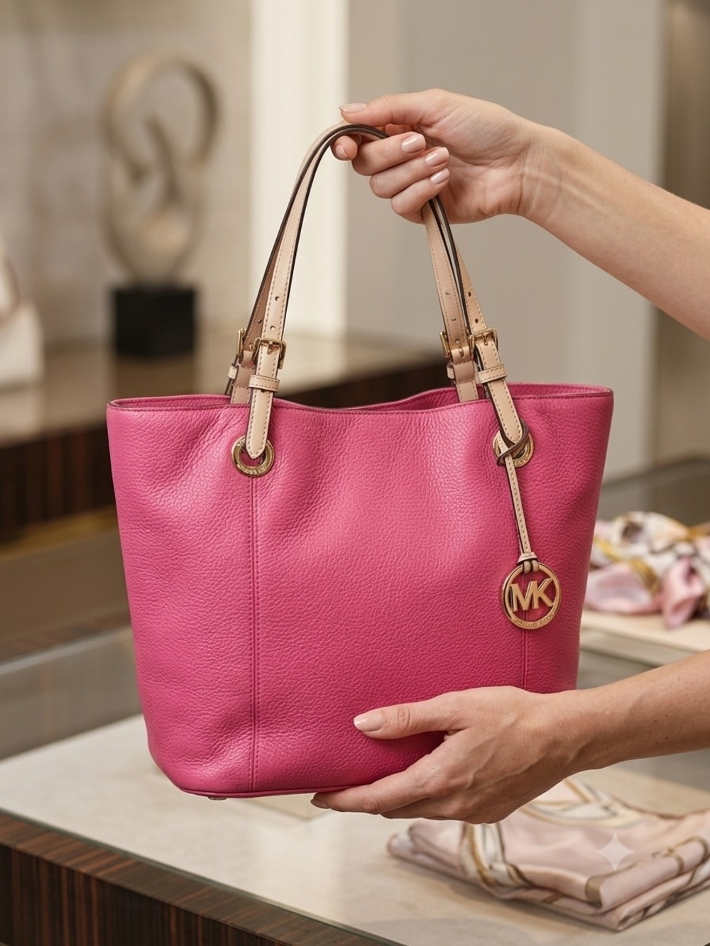 Michael Kors Hot Pink Leather Tote with Beige Contrast Handles